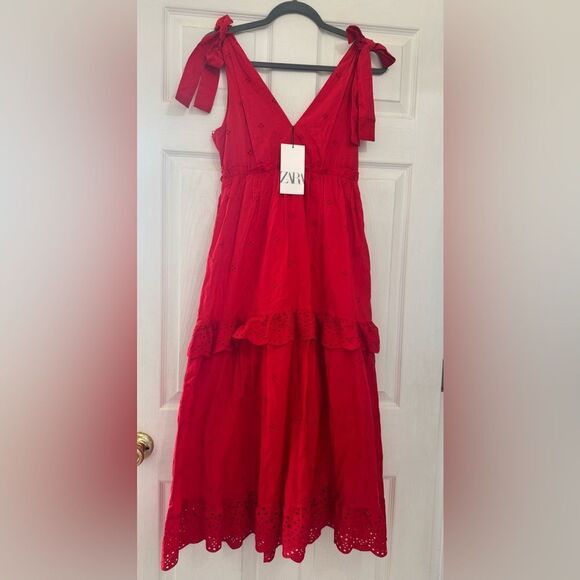 ZARA OPENWORK EMBROIDERED DRESS WITH BOW STRAPS - Picture 13 of 13